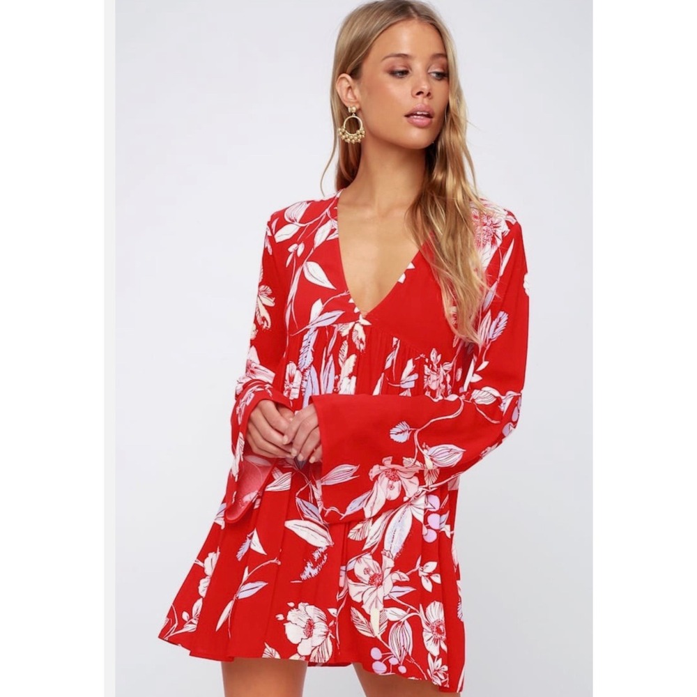 Free People Bella Red Floral V-Neck Tunic Mini Dress Size 2